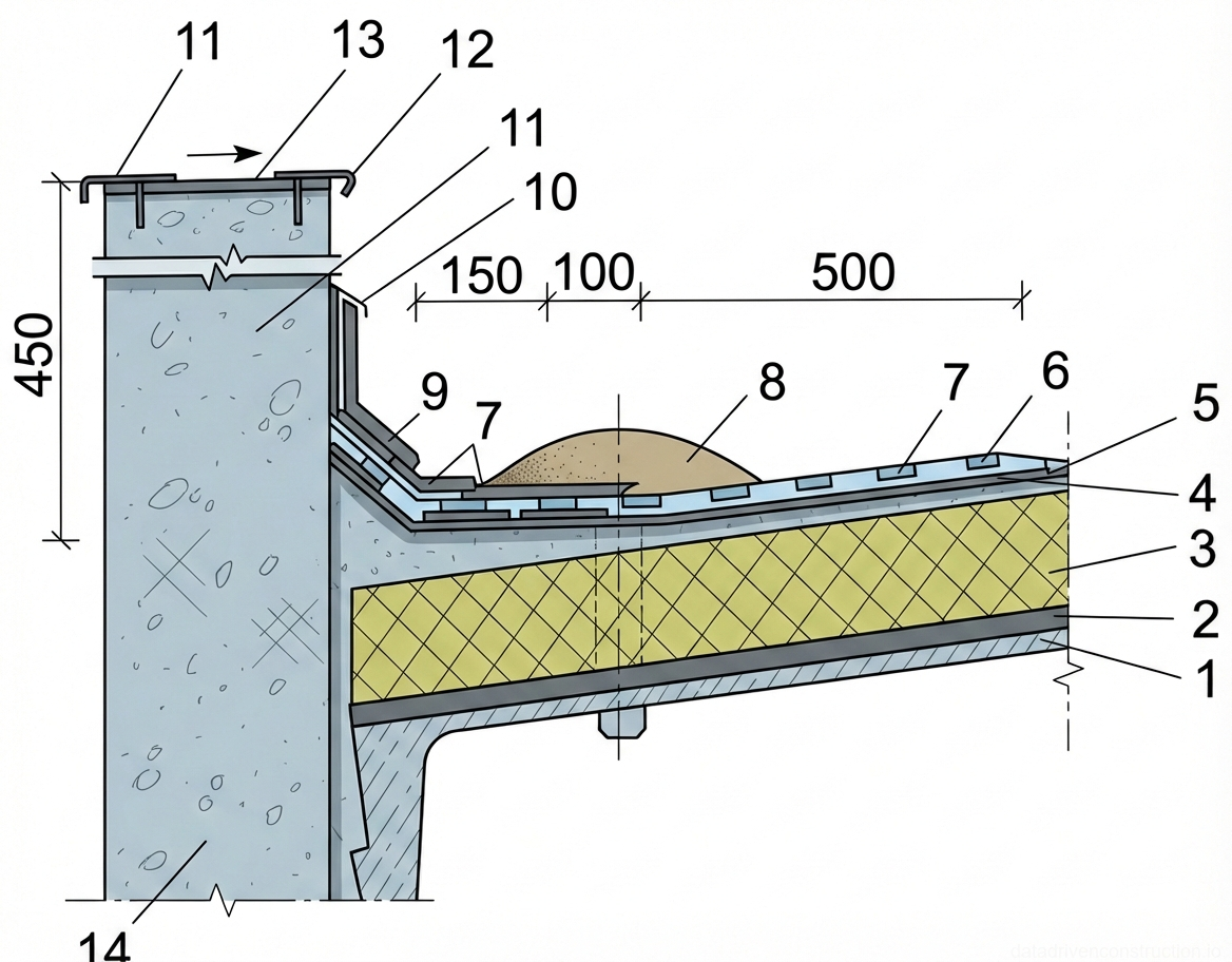 Fig. 1 — Detail of an inverted green roof system at the parapet wall connection
