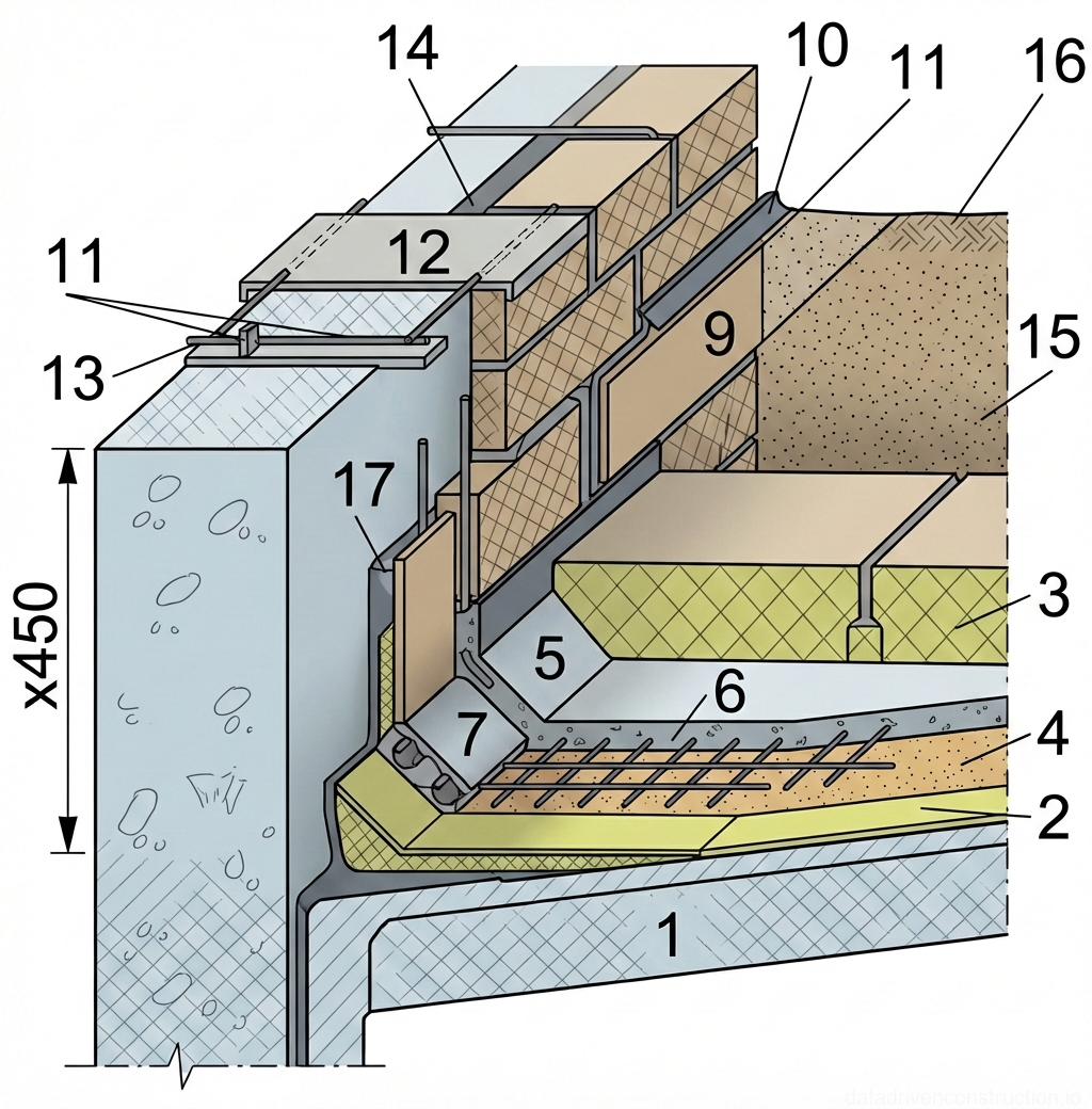 Fig. 1 — Detail of flat roof parapet junction with reinforced concrete wall, showing multi-layer roofing system, insulation, and protective coverings.