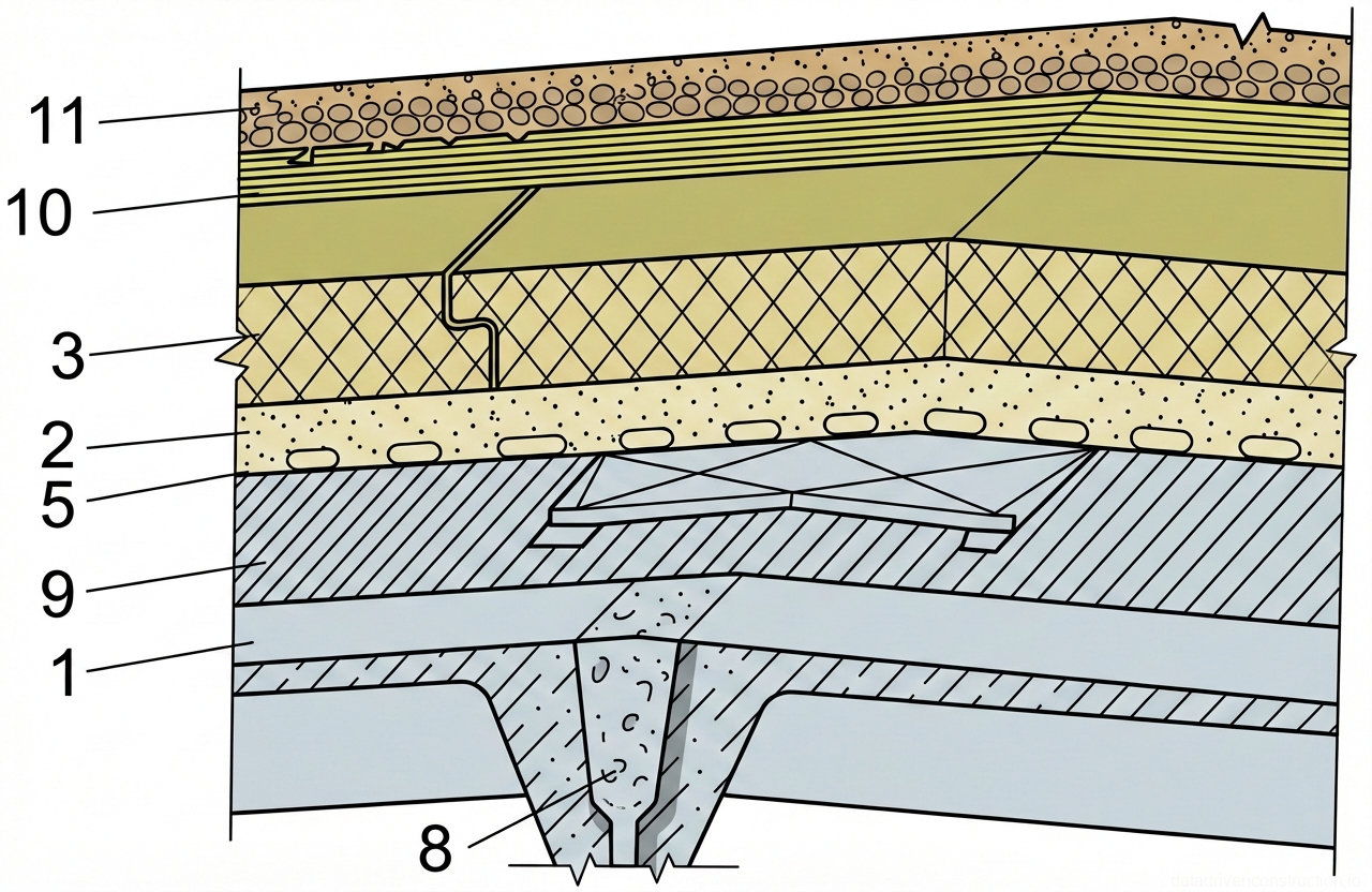 Fig. 1 — Cross-section detail of an insulated and waterproofed flat roof or deck assembly over a concrete structural slab.