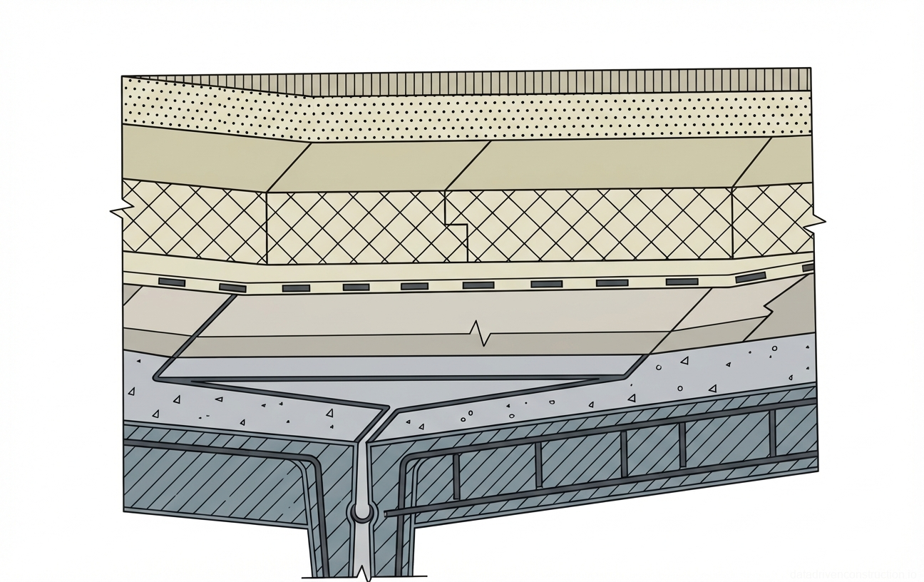 Fig. 1 — Cross-section of an inverted flat roof assembly over a reinforced concrete slab with an internal drainage funnel
