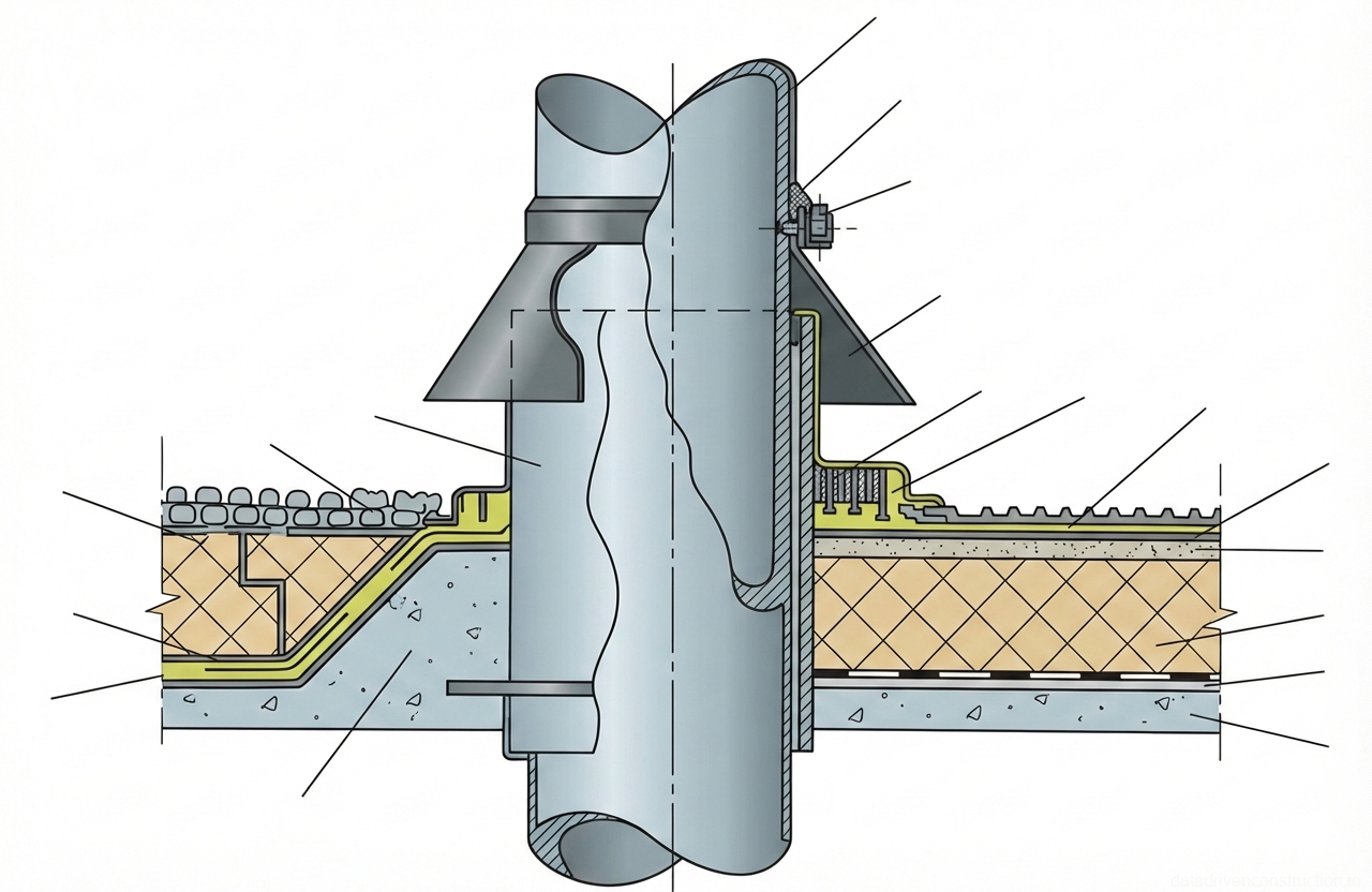 Fig. 1 — Cross-section detail of a vertical pipe roof penetration showing waterproofing, insulation, and protective flashing assemblies.