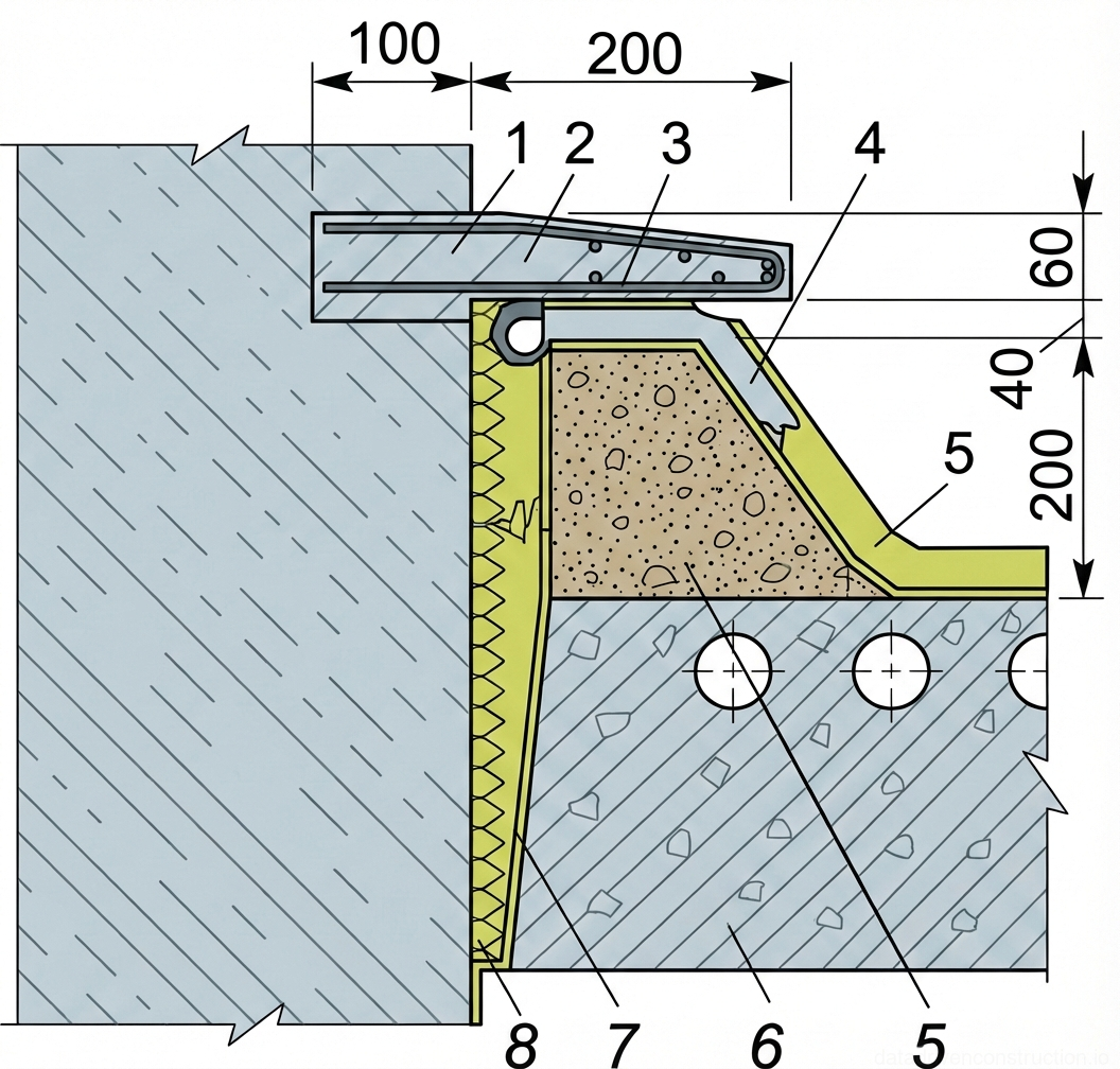 Fig. 1 — Perimeter detail showing waterproofed joint and flashing assembly between vertical wall and adjacent horizontal slab