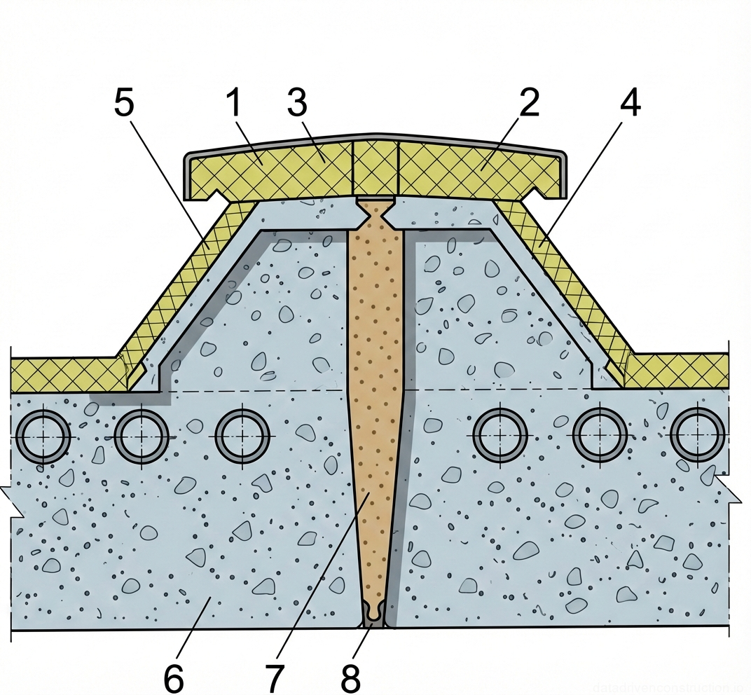 Fig. 1 — Cross-section of a reinforced concrete slab expansion joint showing insulation, sealing, and protective capping