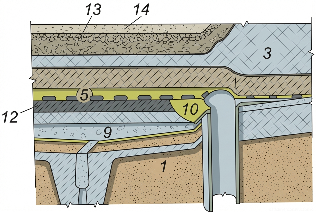 Fig. 1 — Detail cross-section of an inverted roof assembly with a drainage funnel, showing structural base, insulation, and protective gravel layers.