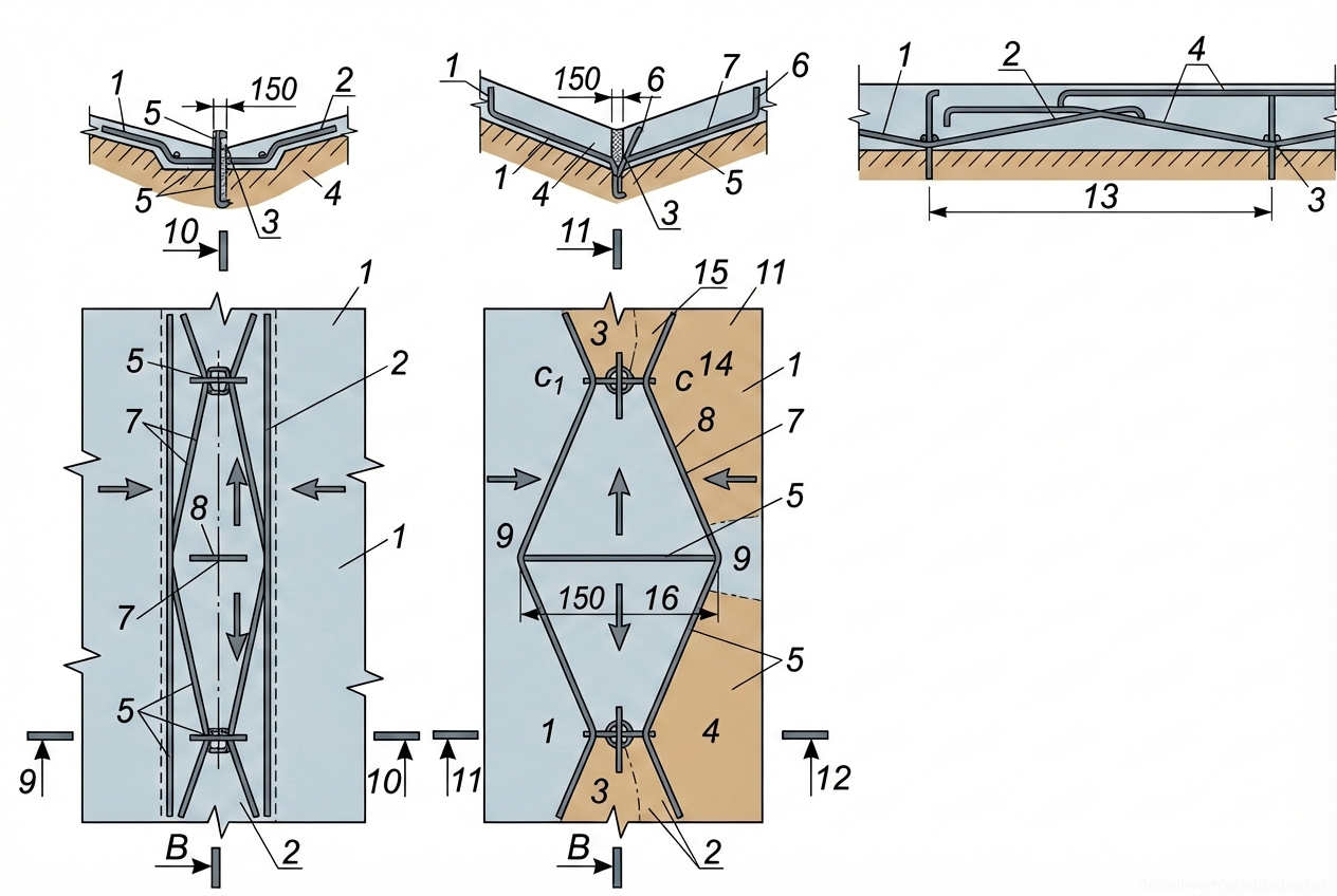 Fig. 1 — Design details and layout of a V-shaped concrete surface drainage channel
