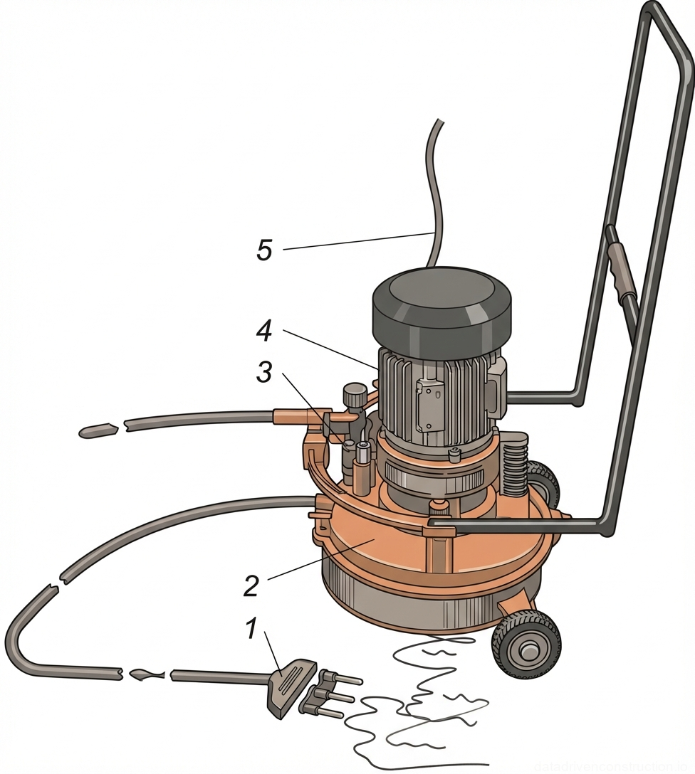 Fig. 1 — Diagram of a portable electric floor grinding machine with motor, handle assembly, and grinding disc mechanism