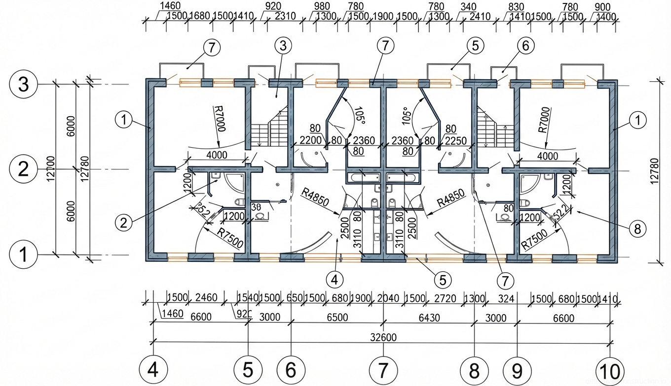 Рис. 1 — Детальный план этажа многоквартирного здания с указанием несущих стен, перегородок, лестничных клеток и санитарных узлов