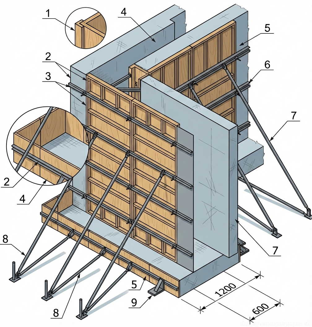 Рис. 1 — Монтаж опалубки для П-образной железобетонной конструкции с регулируемыми диагональными подкосами.