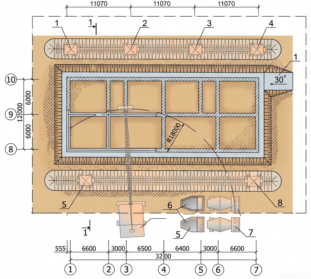 Рис. 1 — Схема бетонирования ленточных фундаментов с использованием самоходного стрелового крана