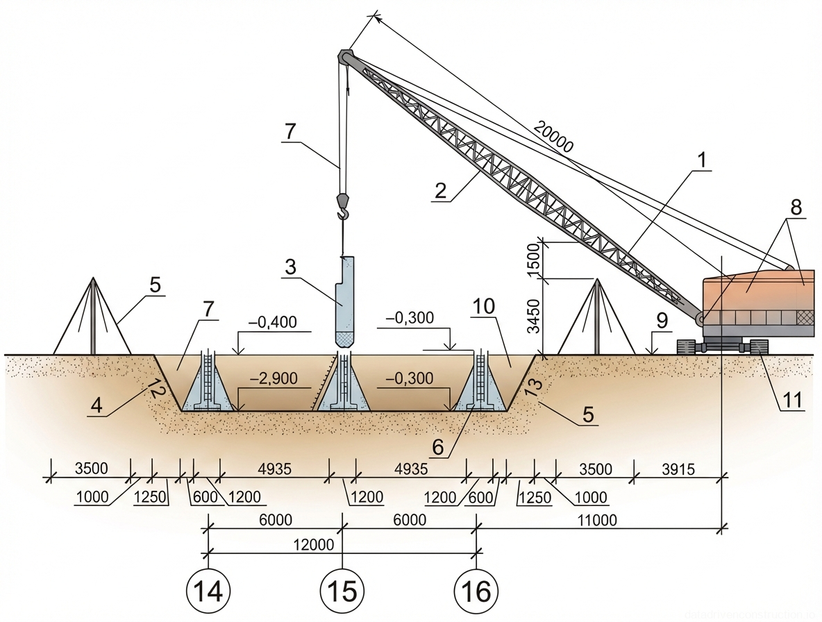 Рис. 1 — Монтаж железобетонных колонн в фундаменты стаканного типа с помощью гусеничного крана
