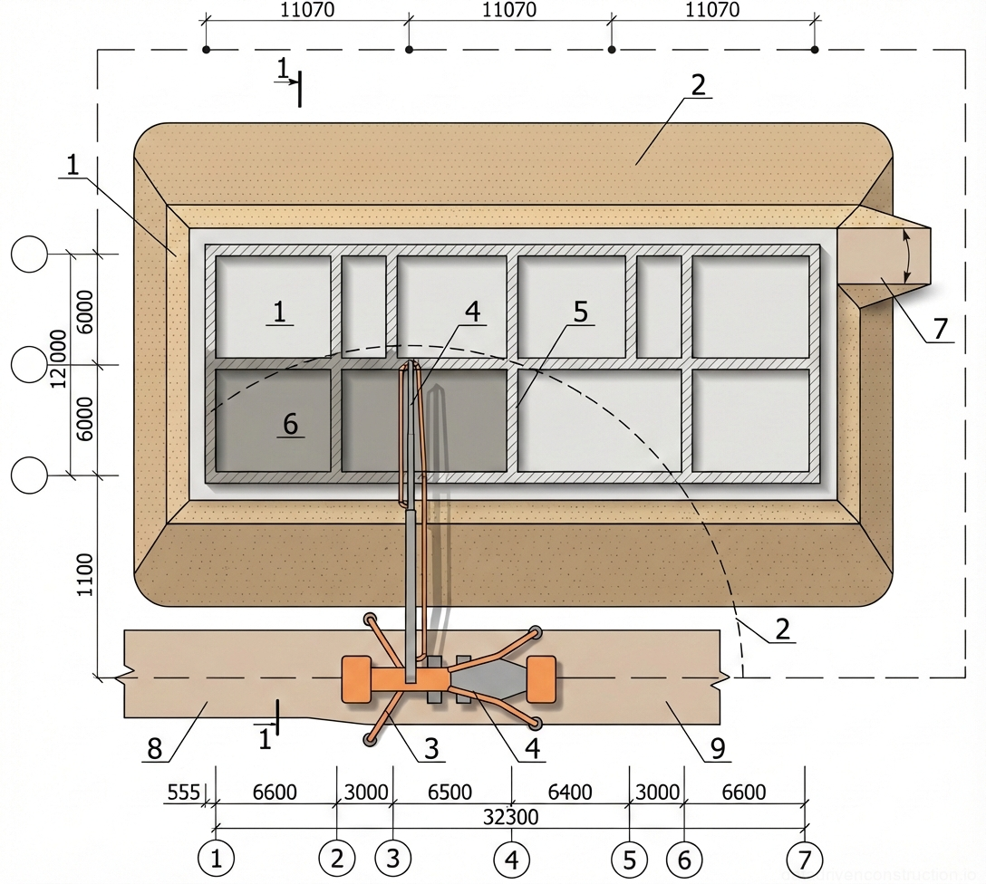 Рис. 1 — Схема бетонирования фундаментной плиты с использованием автобетононасоса с детализацией его стоянок, радиуса действия стрелы и выделенных блоков бетонирования.