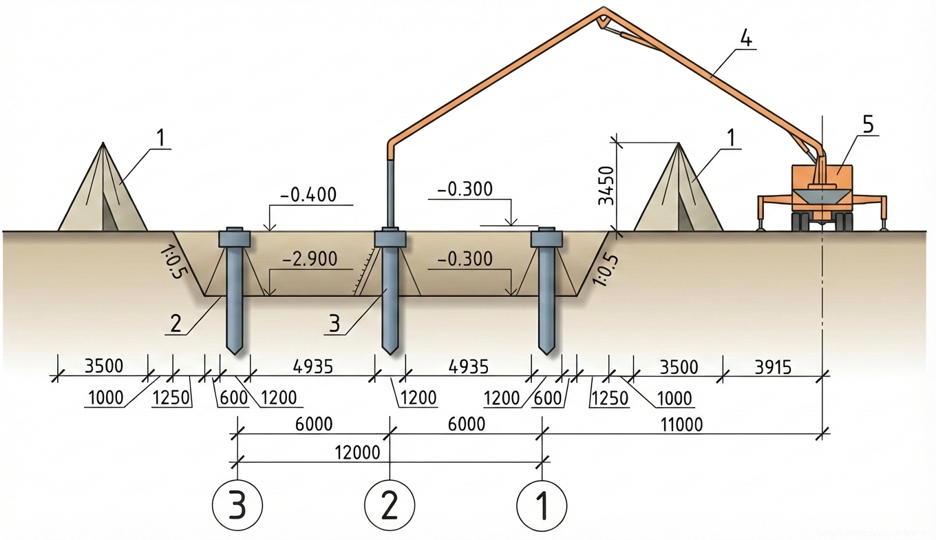 Рис. 1 — Поперечный разрез бетонирования буронабивных свай в траншее с использованием автобетононасоса