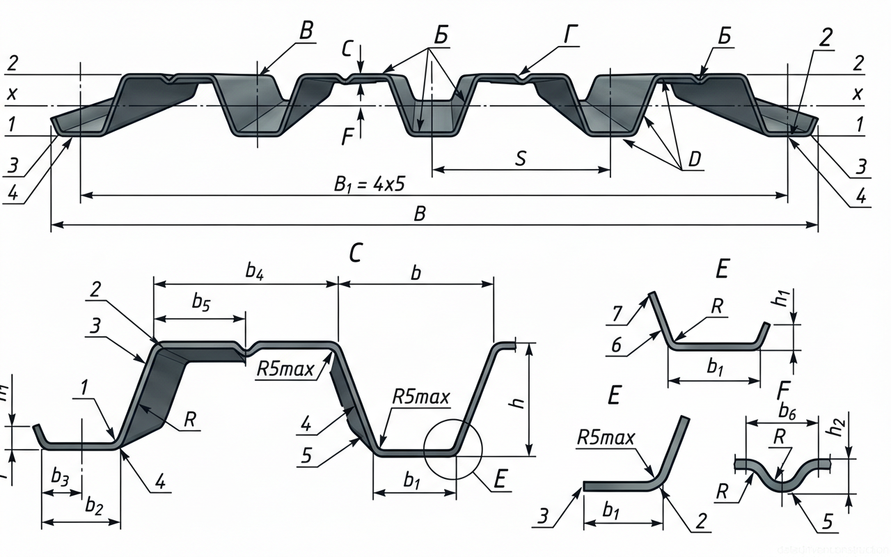 Рис. 1 — Поперечное сечение и геометрические параметры несущего стального профилированного настила