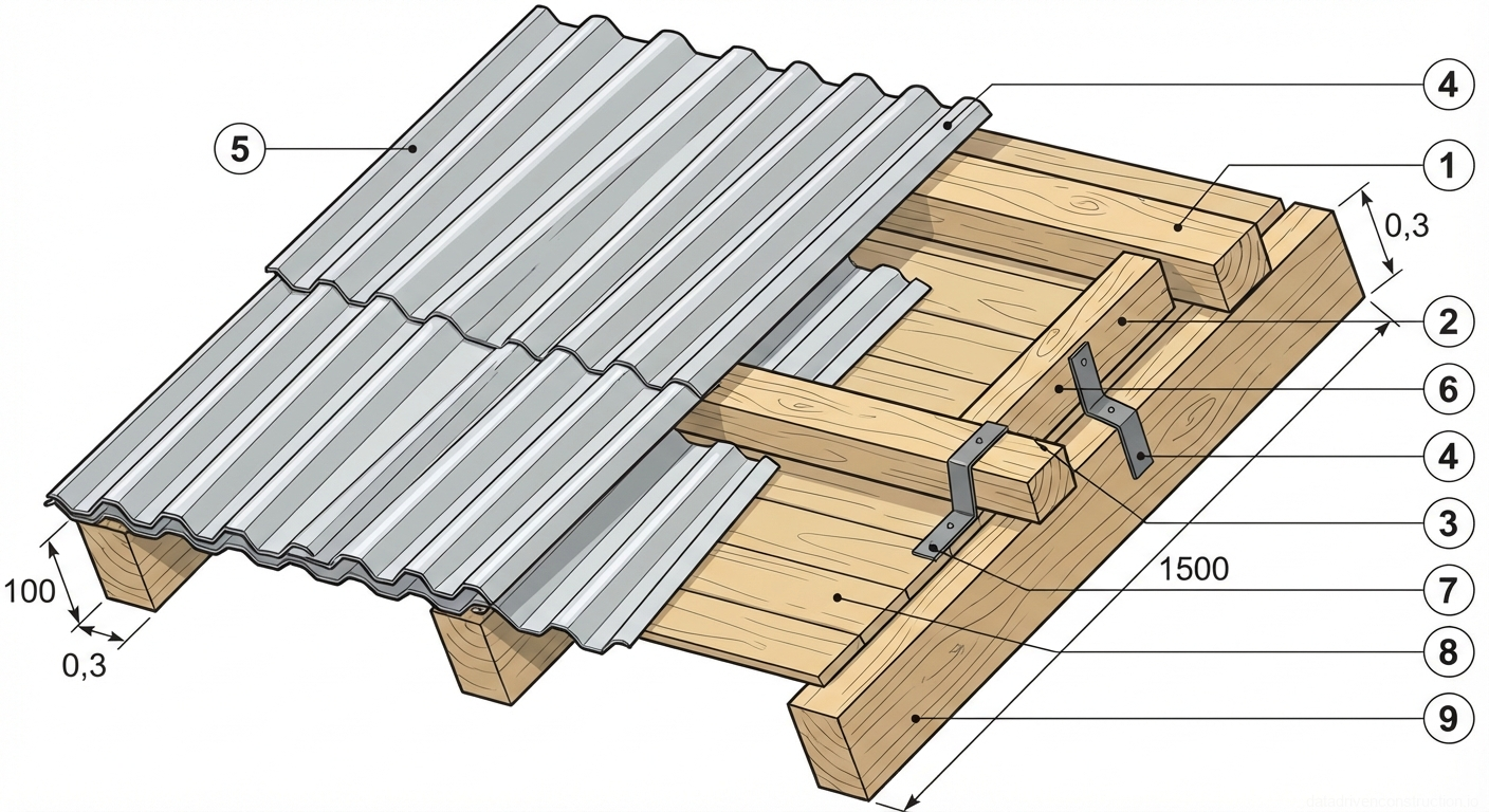 Рис. 1 — Изометрический вид деревянного каркаса скатной кровли и узла крепления профилированного листа