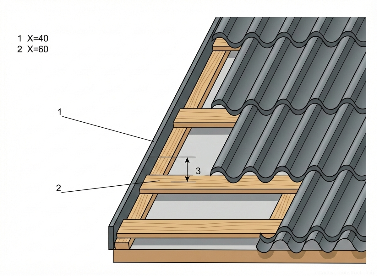 Рис. 1 — Изометрическое поперечное сечение конструкции скатной кровли с детализацией покрытия из металлочерепицы, деревянной обрешетки и торцевой планки