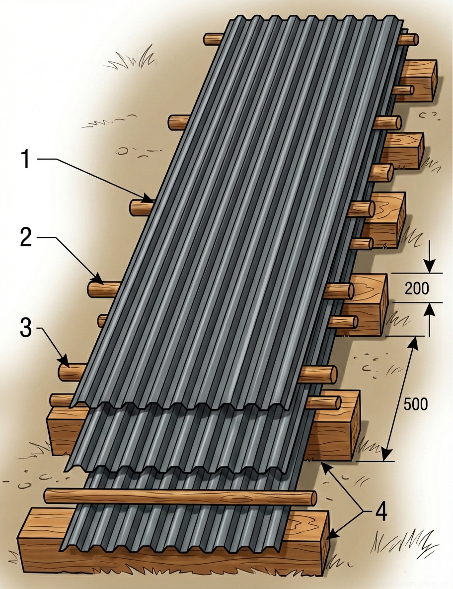 Рис. 1 — Схема складирования профилированных кровельных листов с деревянными подкладками и прокладками
