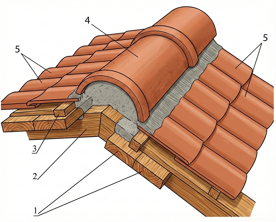 Рис. 1 — Деталь устройства конька скатной кровли с керамической черепицей, иллюстрирующая деревянные элементы конструкции и укладку коньковых элементов на раствор.