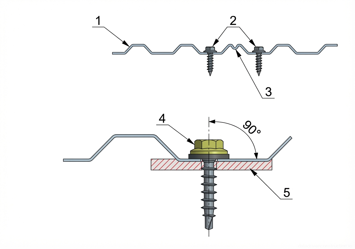 Рис. 1 — Детали монтажа и крепления профилированных металлических листов (кровельных/стеновых панелей) самонарезающими винтами