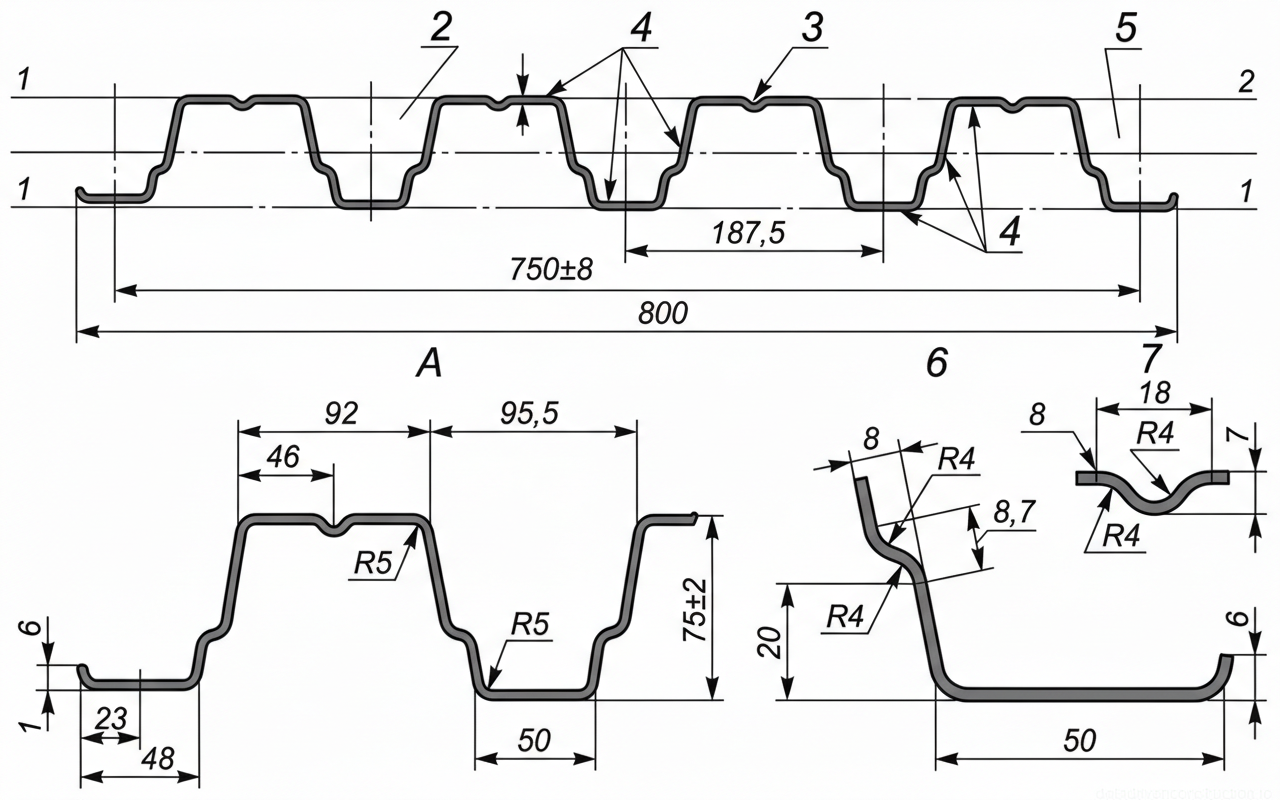 Рис. 1 — Поперечное сечение и детальные размеры стального профилированного листа