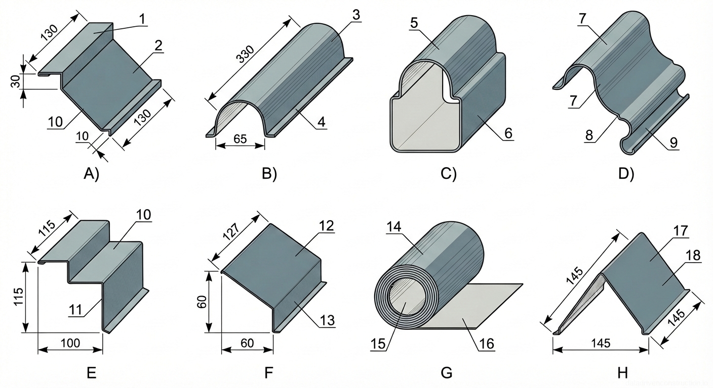 Рис. 1 — Стандартные металлические кровельные комплектующие и доборные элементы с основными размерами