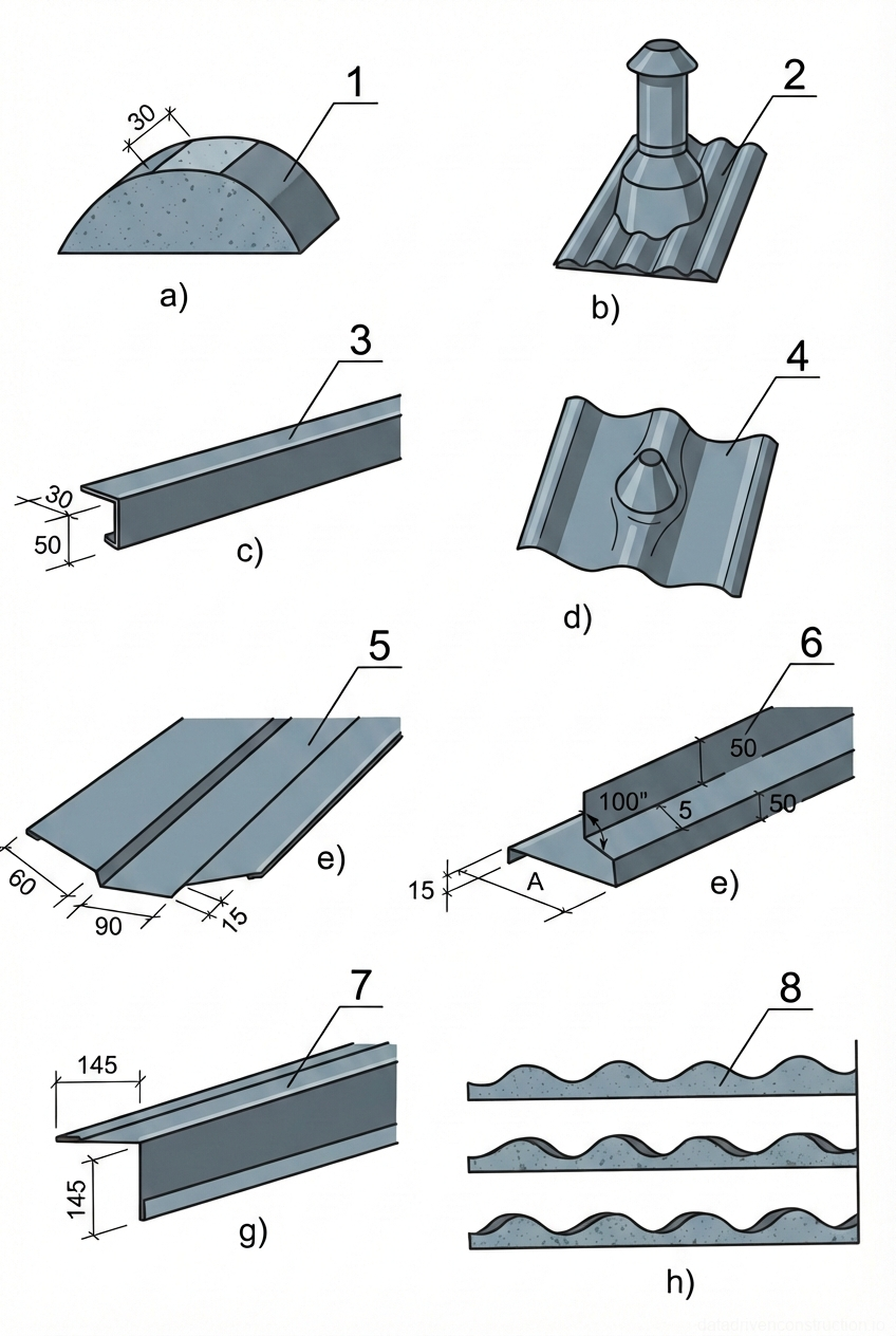 Рис. 1 — Ассортимент кровельных комплектующих и доборных элементов для профилированных кровельных листов