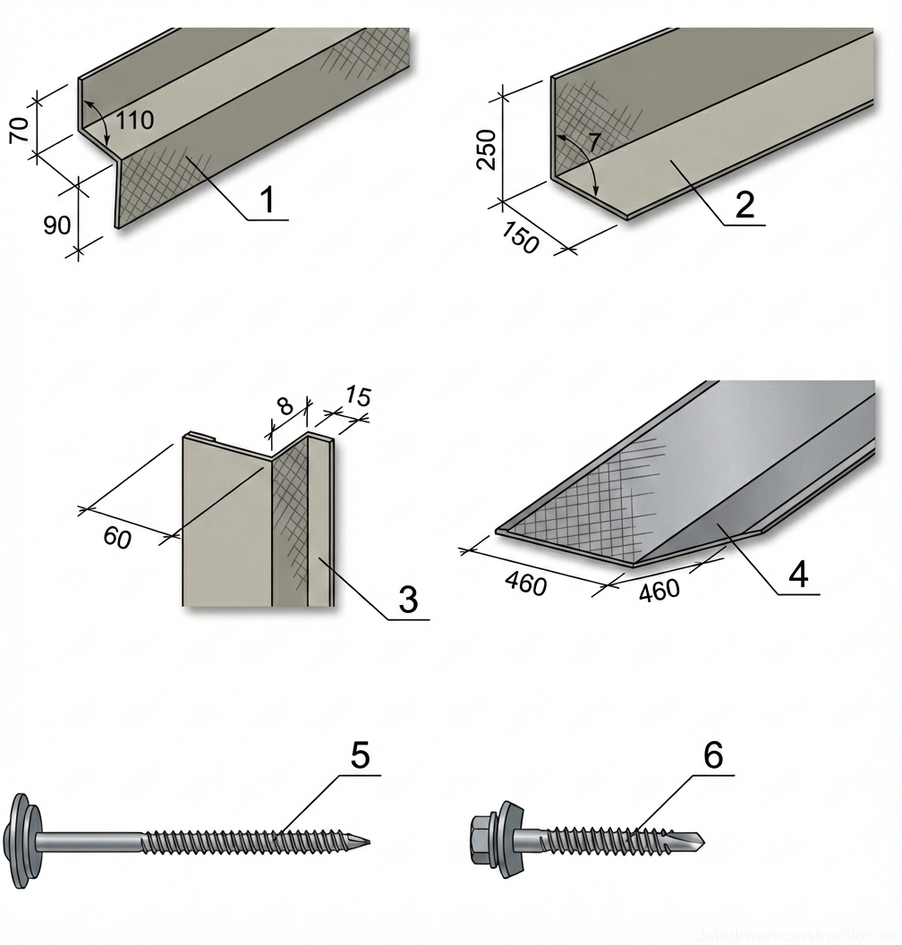 Рис. 1 — Стандартные металлические доборные элементы и специализированный крепеж для кровельных и фасадных работ