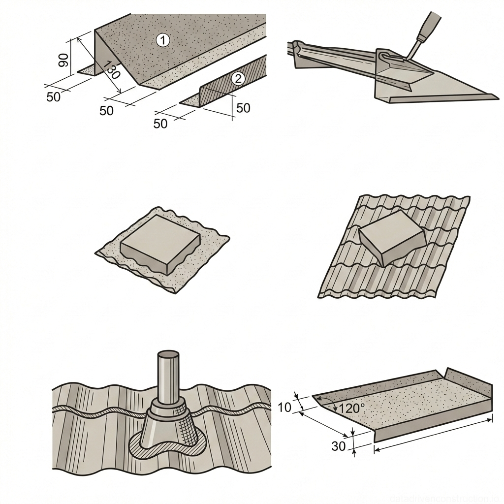 Рис. 1 — Стандартные металлические доборные элементы и детали гидроизоляции для систем профилированных кровель