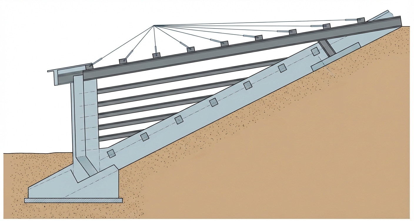 Рис. 1 — Поперечное сечение анкерной железобетонной подпорной стенки на наклонном основании