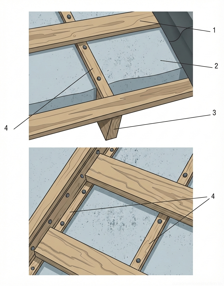 Рис. 1 — Детали сборки системы деревянных лаг и обрешетки, установленной на бетонное основание для устройства чернового пола