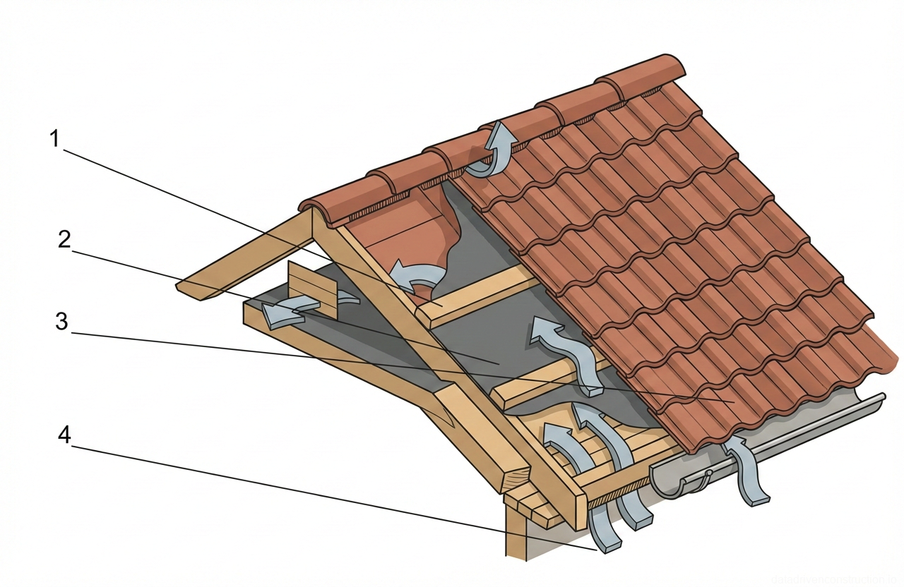 Рис. 1 — Изометрическое поперечное сечение конструкции скатной кровли с детализацией карнизного свеса, подкладочного ковра и двойных вентиляционных каналов
