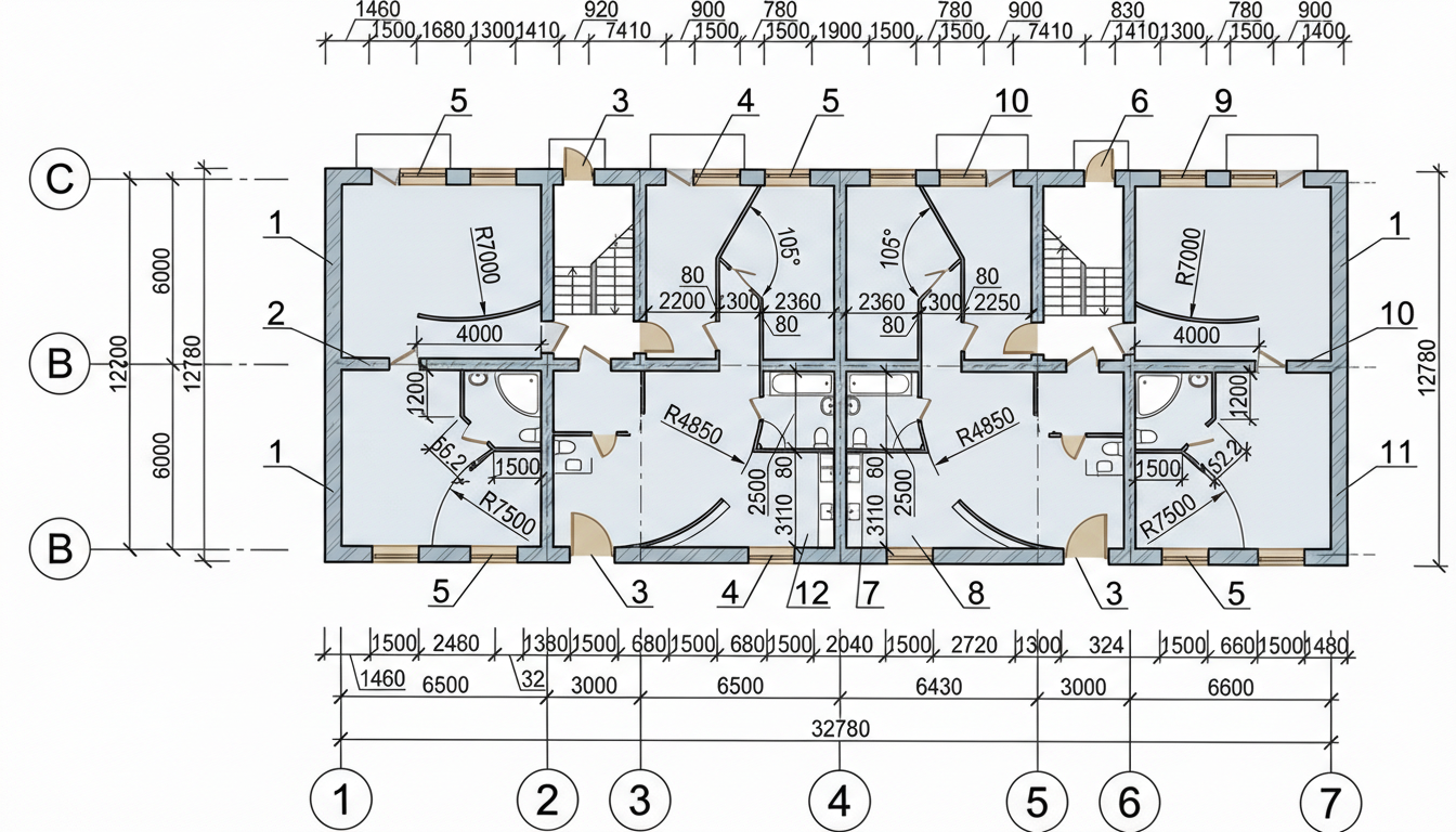 Рис. 1 — План этажа многоквартирного здания с указанием несущих стен, внутренних перегородок и объемно-планировочного решения