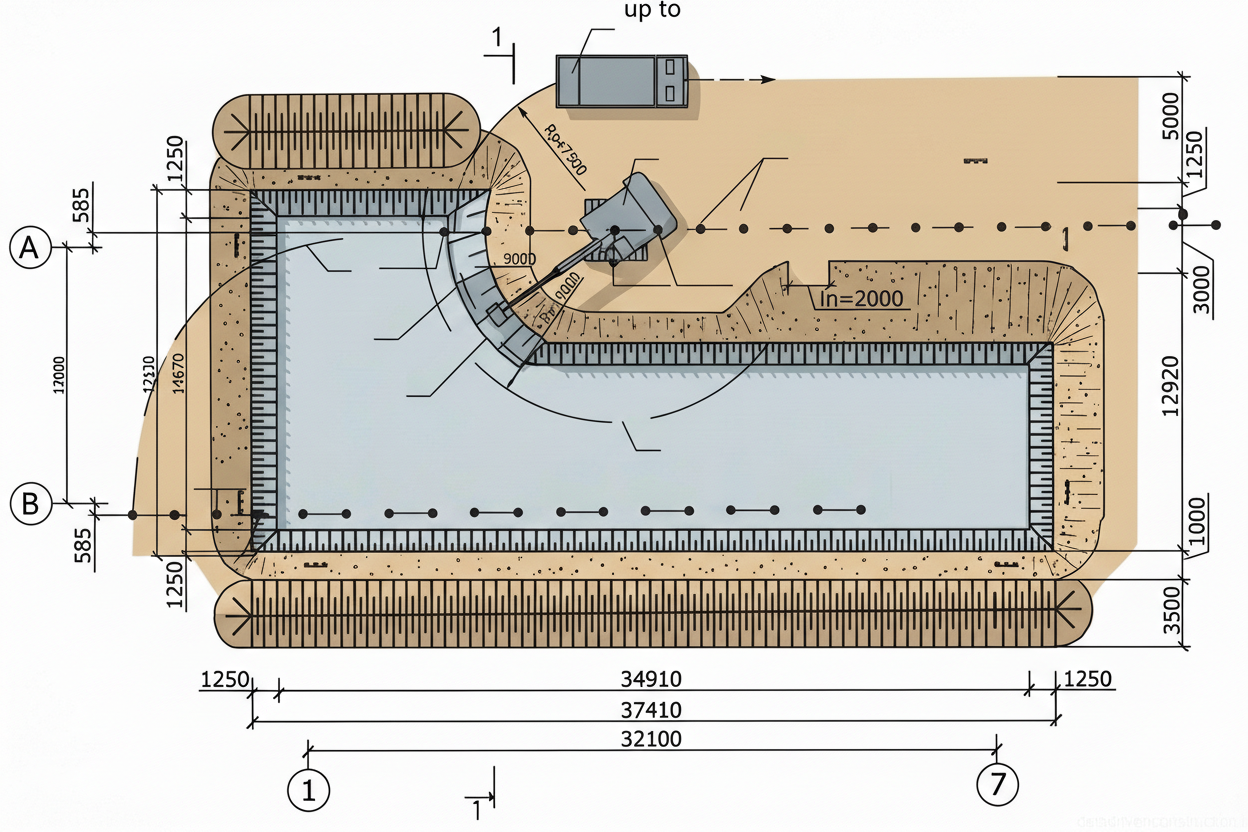 Рис. 1 — Схема разработки котлована с указанием плана земляных работ, стоянки экскаватора и зоны погрузки самосвалов.