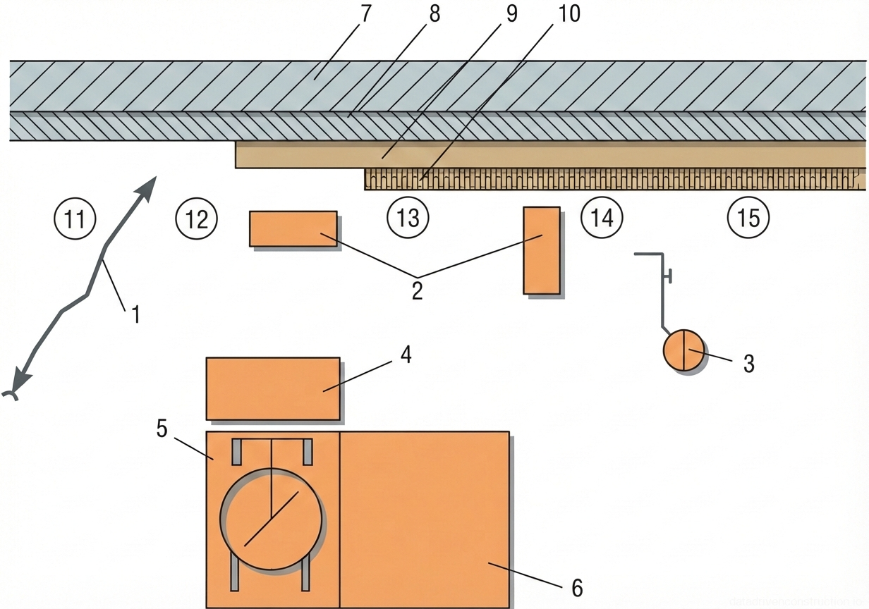 Рис. 1 — Схема установки башенного крана рядом со строящимся зданием с детализацией рабочих зон и конструктивных элементов