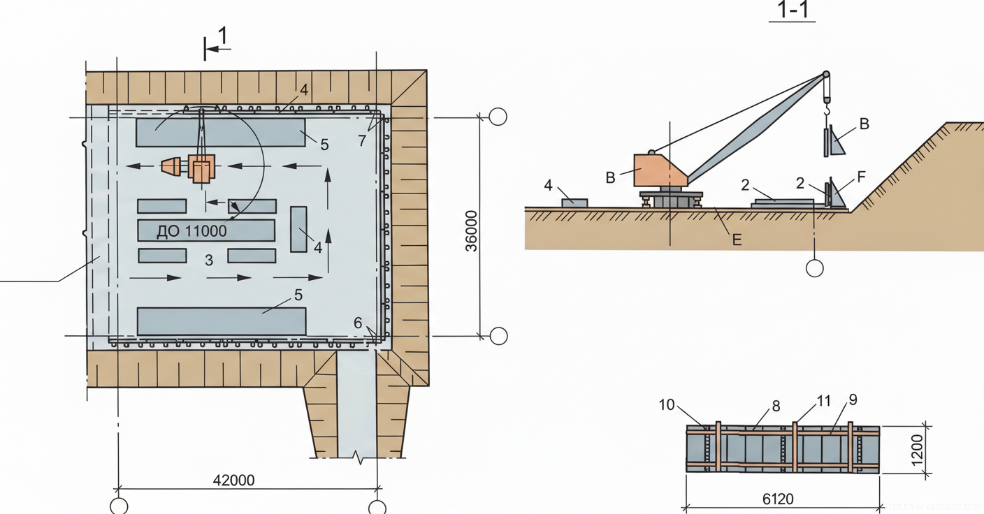 Рис. 1 — Схема и разрез установки опалубки гусеничным краном в котловане, включая детали укрупненной опалубочной панели.
