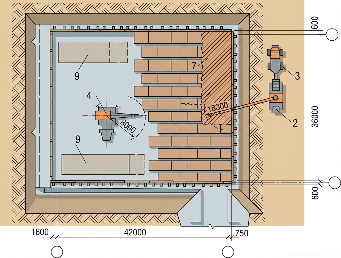 Рис. 1 — План-схема бетонирования с указанием расстановки машин и их рабочих зон для крупномасштабного строительства.