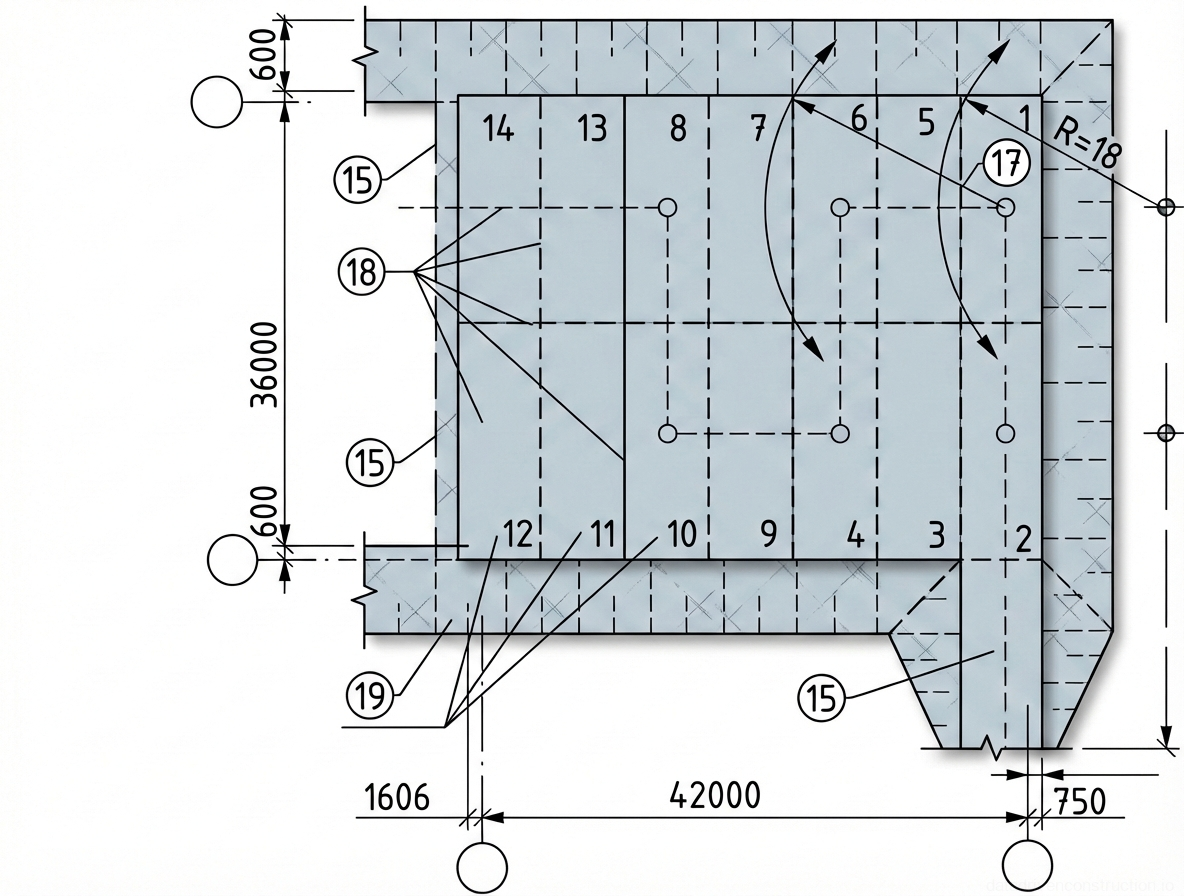 Рис. 1 — Схема последовательного бетонирования фундаментной плиты с указанием зон заливки, рабочих швов и радиуса действия оборудования.