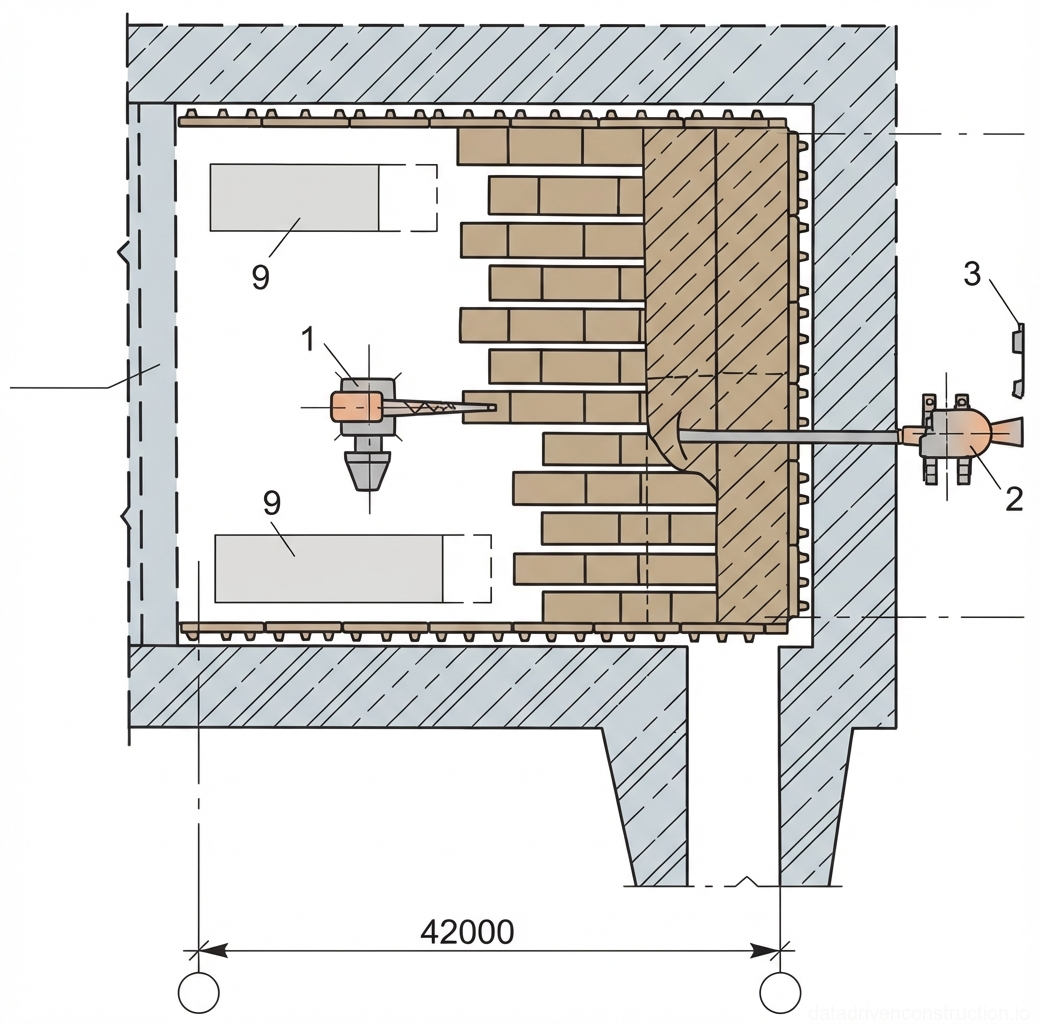 Рис. 1 — План промышленной печи с детализацией огнеупорной футеровки, расположения горелок и габаритных размеров.