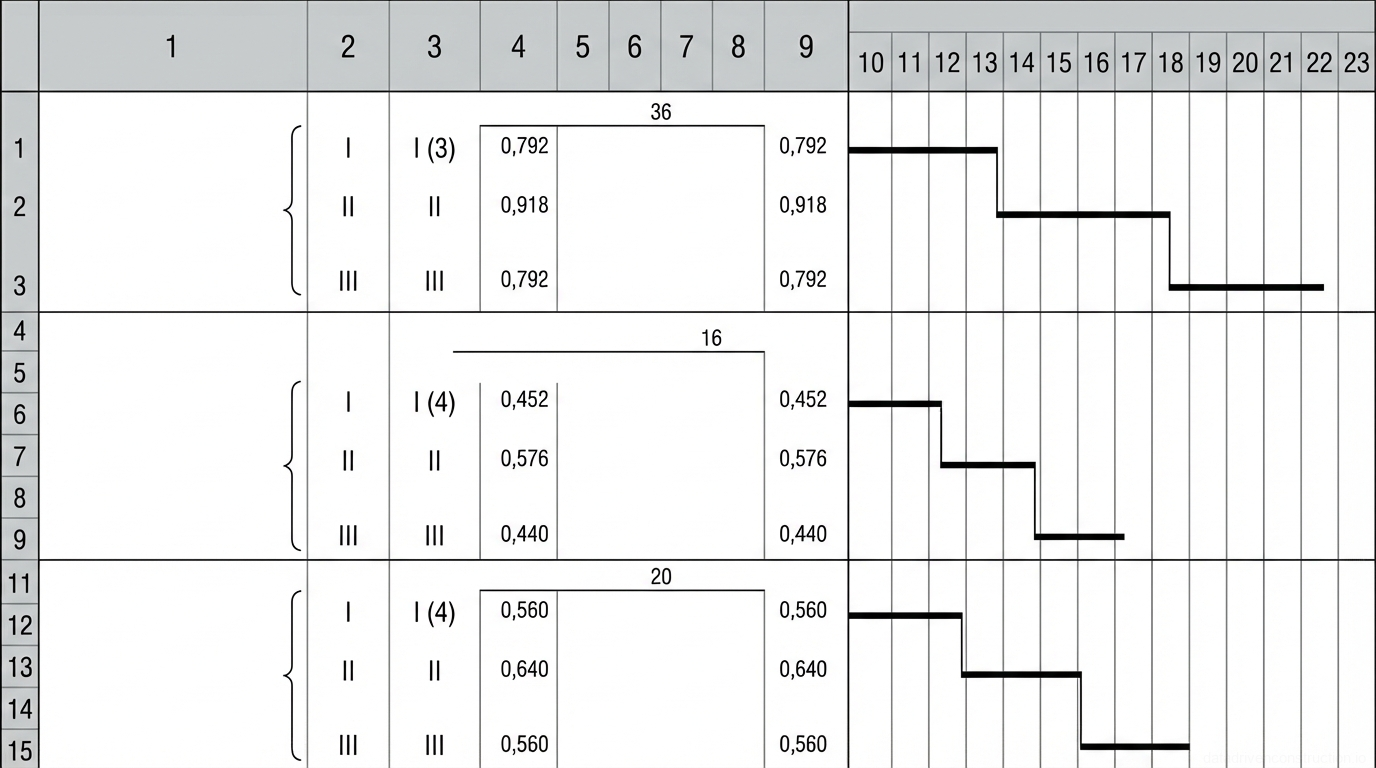Рис. 1 — График производства работ и диаграмма трудозатрат процессов сварки арматурных стержней.