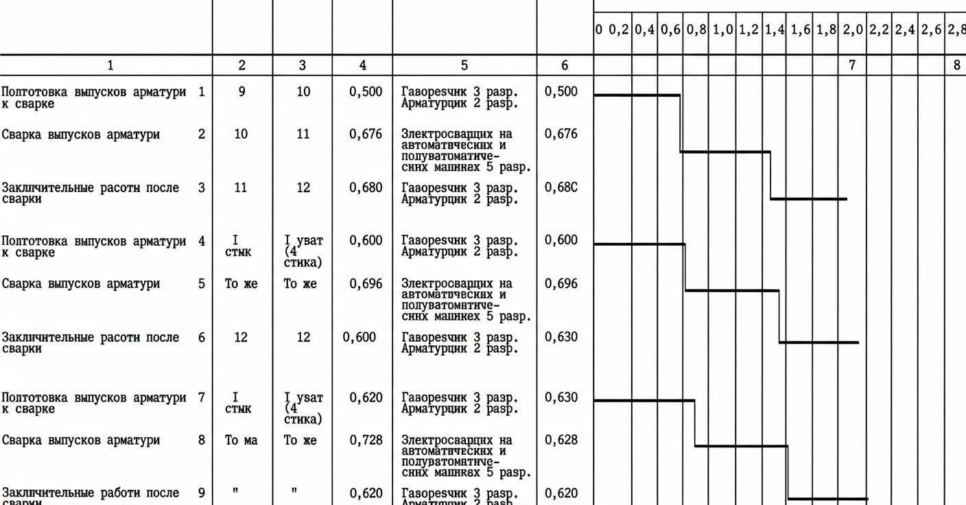 Рис. 1 — График трудозатрат и продолжительности процесса сварки выпусков арматуры (диаметры 22 мм, 25 мм и 28 мм)