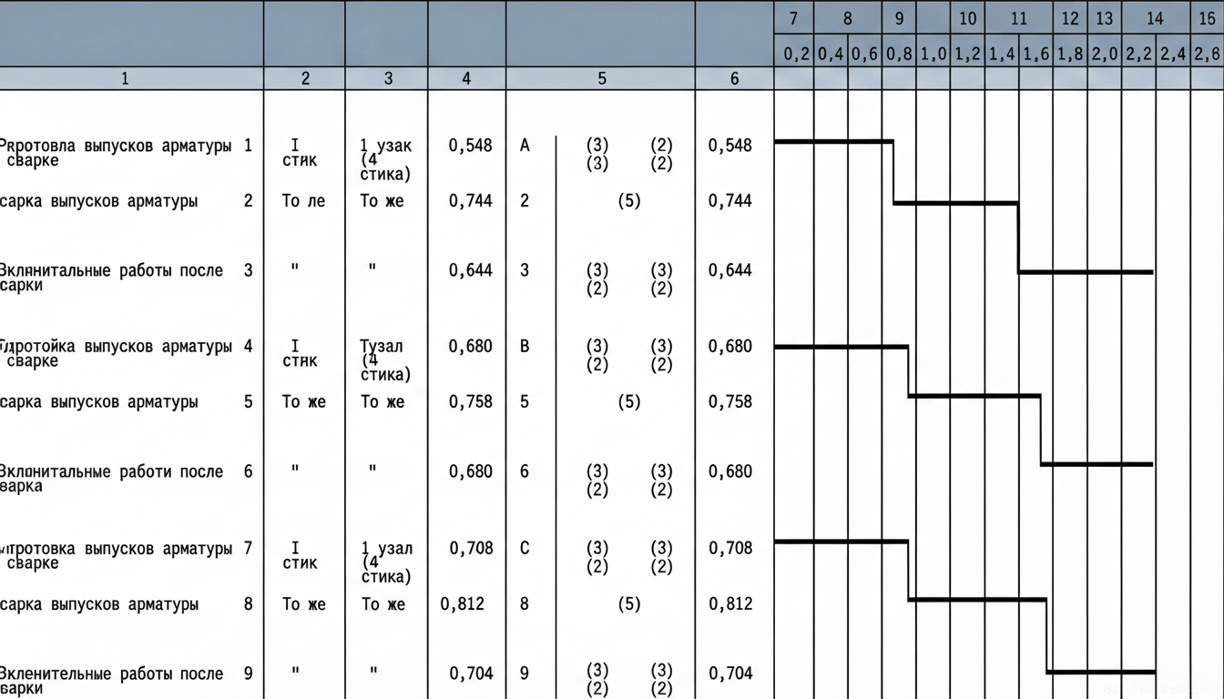 Рис. 1 — График производства работ и распределения ресурсов при сварке выпусков арматуры различных диаметров