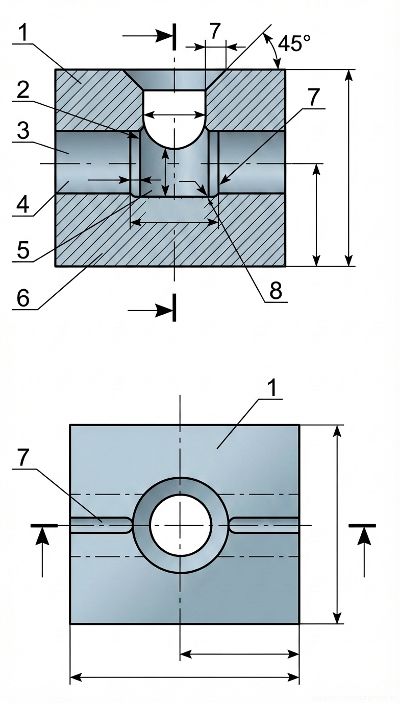 Рис. 1 — Поперечный разрез и вид в плане металлического Т-образного распределительного блока, показывающие внутренние каналы и геометрию пересечения.
