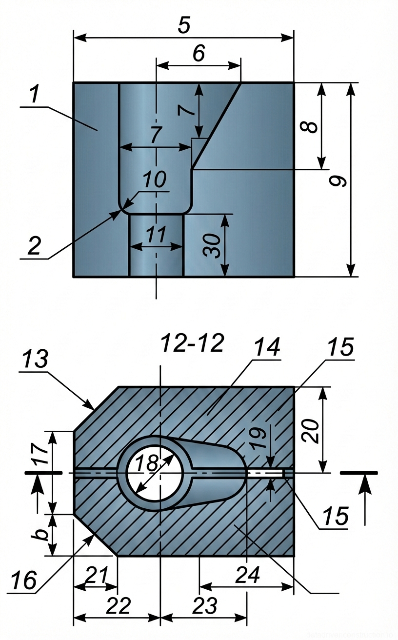 Рис. 1 — Вид спереди и в плане разъемного механического зажимного блока с детализацией внутренних размеров расточки