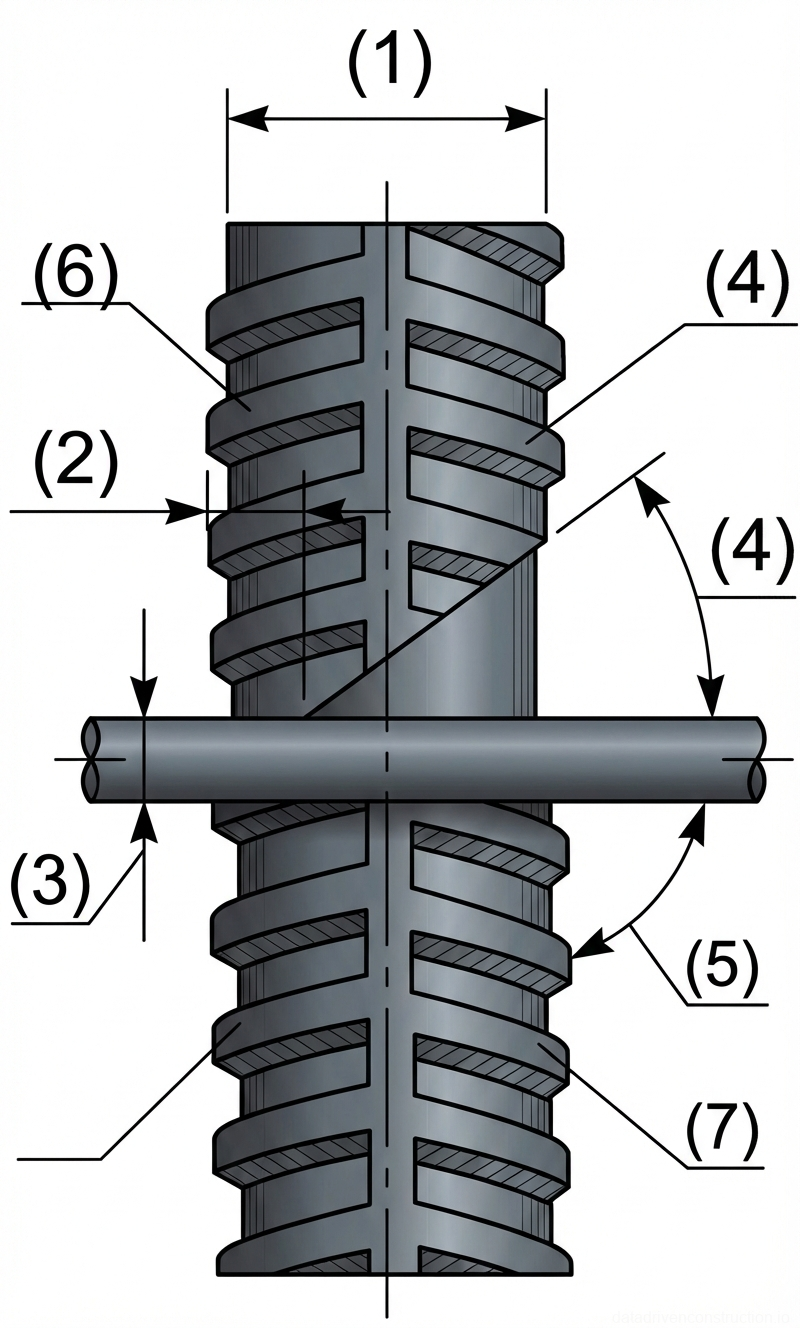 Рис. 1 — Геометрические параметры и элементы профиля арматурного стержня периодического профиля в зоне поперечного пересечения