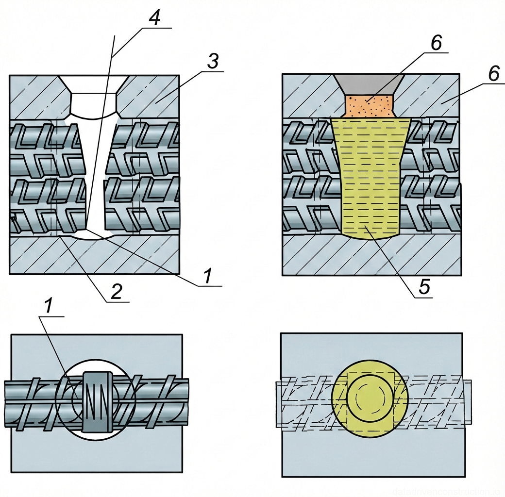 Рис. 1 — Термитная сварка арматурных стержней, иллюстрирующая сборку формы и готовый сварной шов