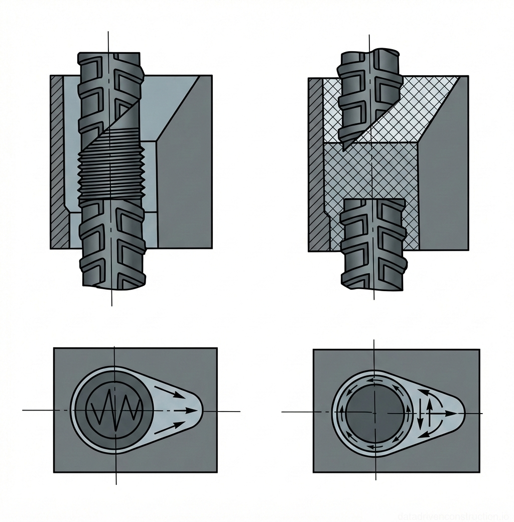Рис. 1 — Методы стыковки арматурных стержней: механическое соединение и муфтовое соединение с омоноличиванием/инъецированием