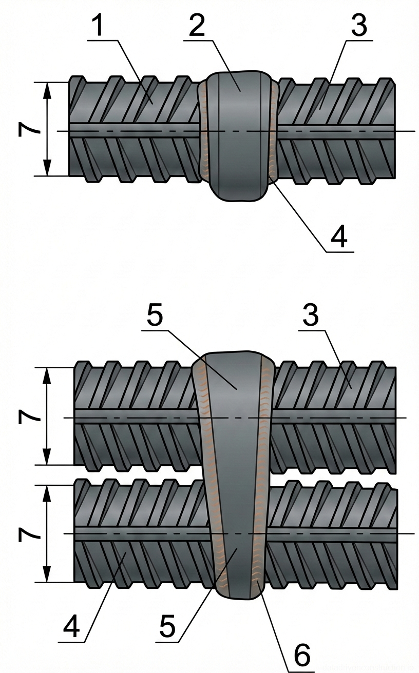 Рис. 1 — Стыковые и нахлесточные соединения арматурных стержней, выполненные контактной точечной сваркой