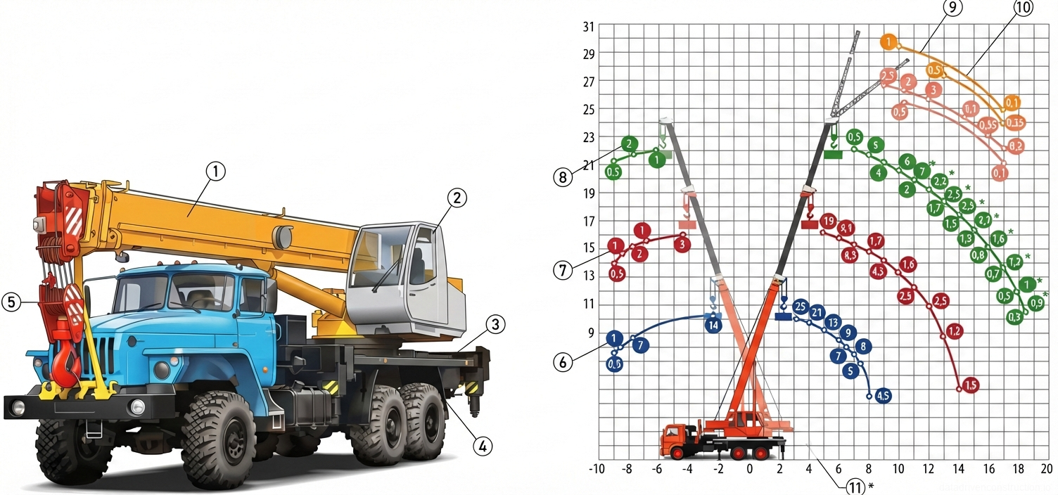 Рис. 1 — Схема автомобильного крана и грузовая характеристика, детализирующая грузоподъемность при различных длинах стрелы и конфигурациях гуська.