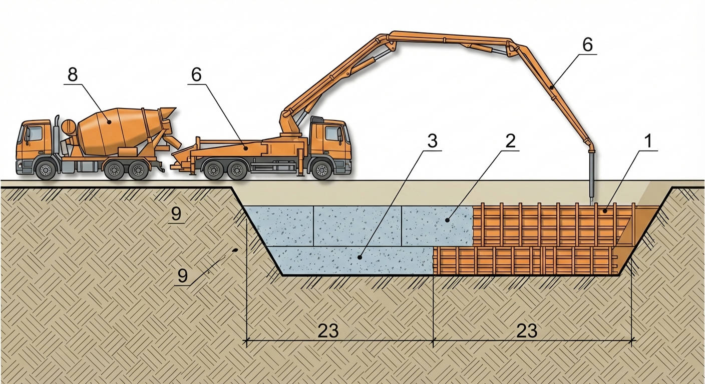 Рис. 1 — Схема производства работ по укладке бетона с использованием автобетононасоса с шарнирно-сочлененной стрелой