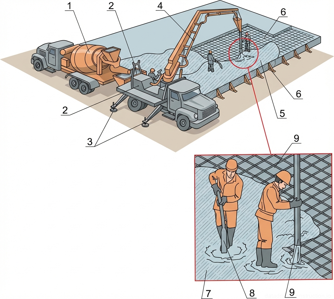 Рис. 1 — Механизированный процесс укладки и уплотнения железобетонной плиты с использованием распределительной стрелы автобетононасоса и глубинного вибрирования