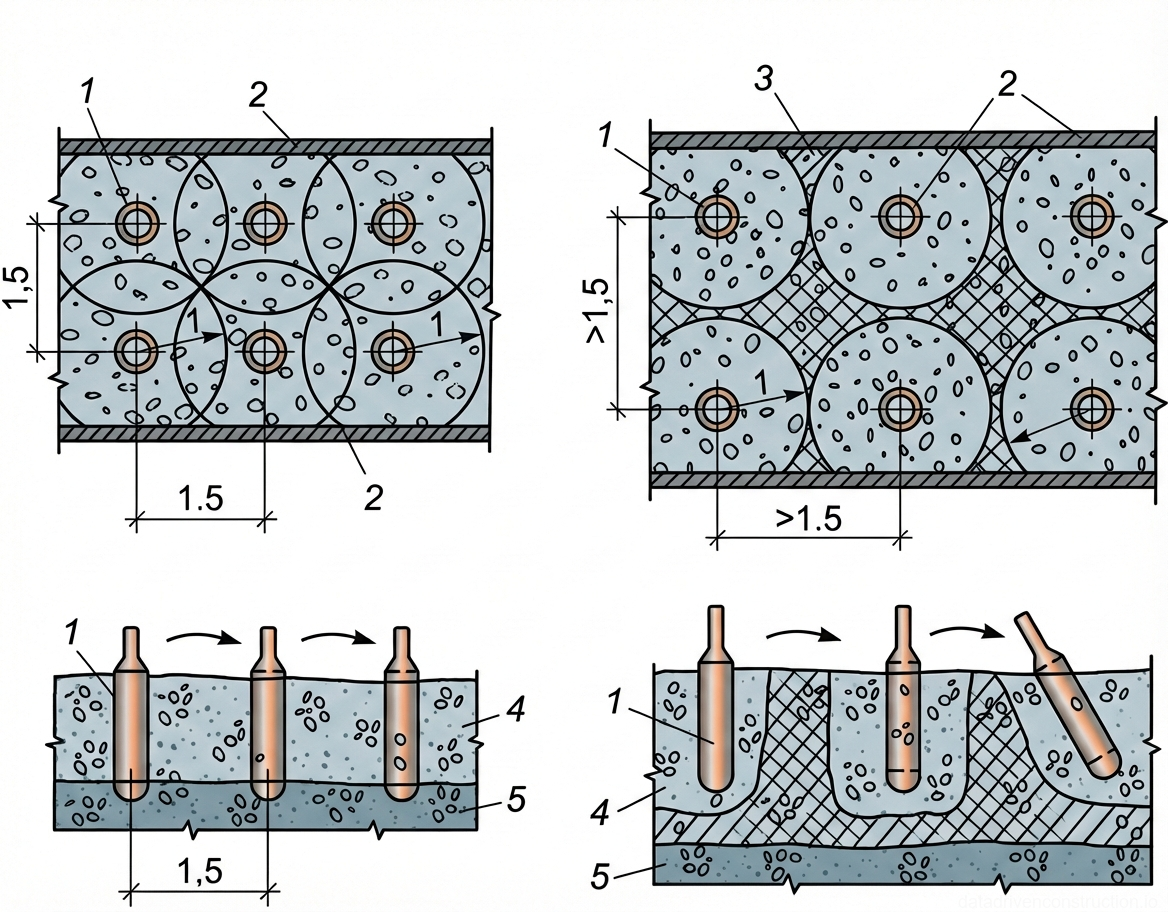 Рис. 1 — Методика шага перестановки и погружения глубинных вибраторов для бетона: правильные (слева) и неправильные (справа) методы уплотнения